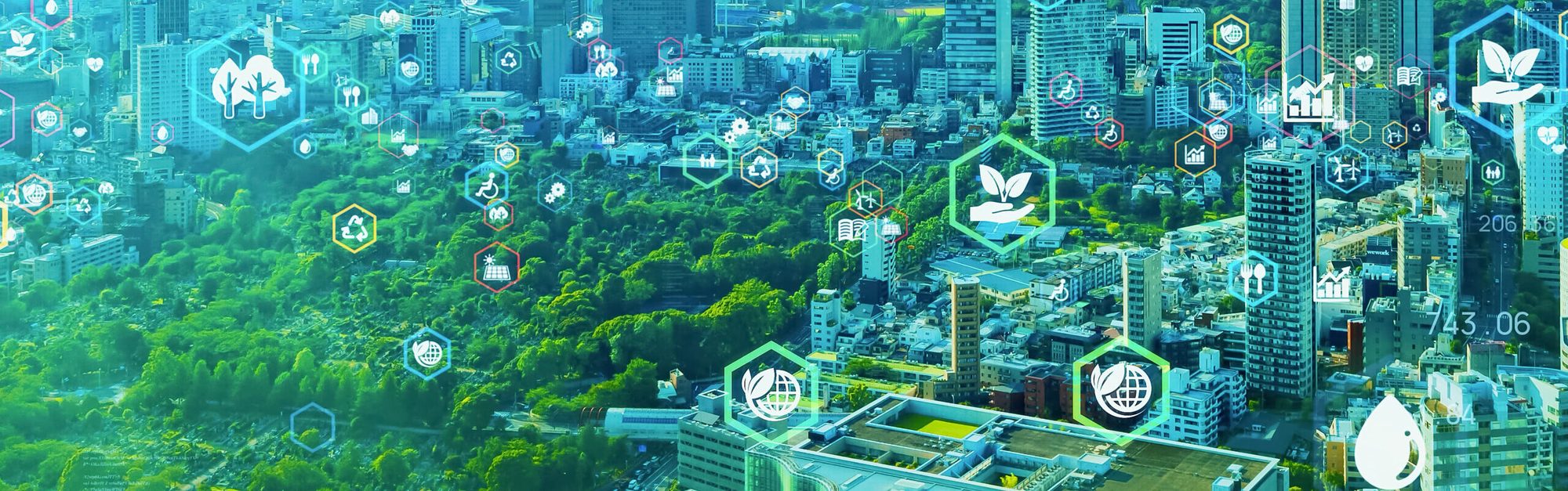 緑と都市が共存する未来の街並み